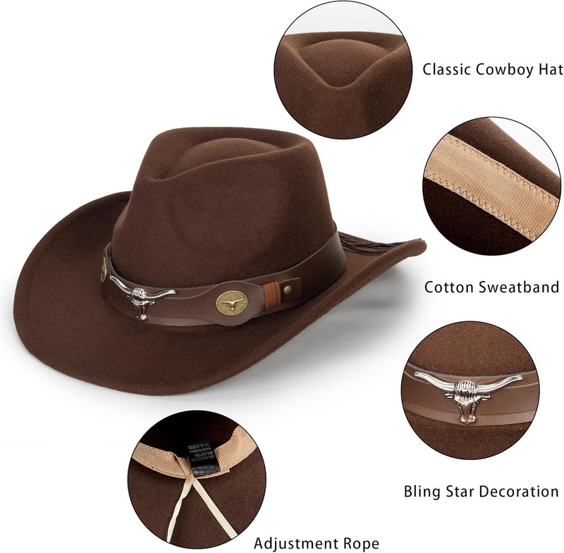 Eohak Womens Western Cowboy Hats Studded Pinched Western Cowgirl Hats Wide Brim Fedoras Hat with Belt Buckle (Size:Medium) - Image 3